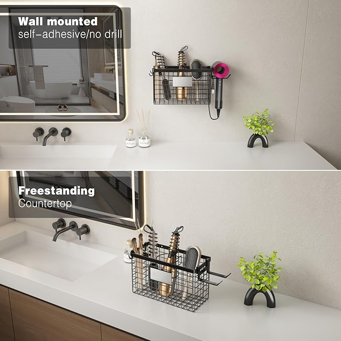 Voldra 2 Pack Hair Dryer Holder Cabinet Door, Adhesive Hair Tool Organizer Wall Mount Adjustable Height Blow Dryer Holder Under Sink for Flat Curling Iron, Hair Straightener Brush(Black)