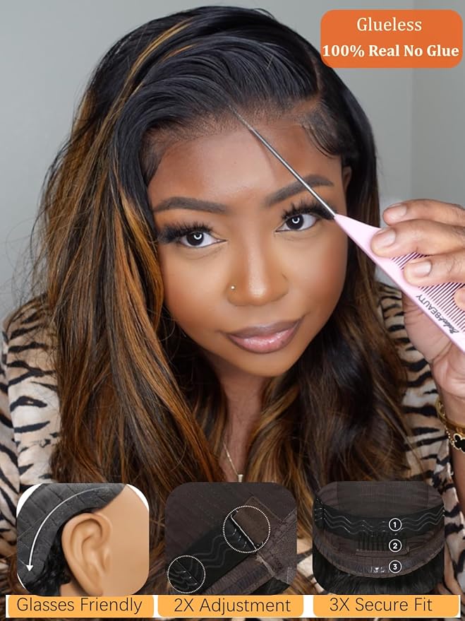 Julia Hair Bye Bye Knots Glueless Wig Highlight Balayage Brown Body Wave 7x5 Pre Cut HD Lace Front Wigs Human Hair Pre Plucked Bleached Knots Pre Everything Ready To Go Ombre Wig 18 Inch