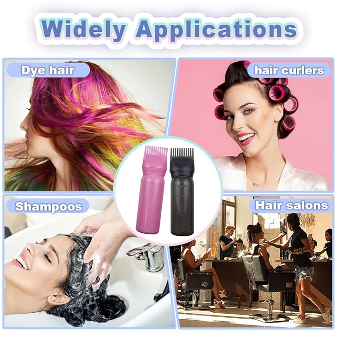 4 Pack Root Comb Applicator Bottle, Hair Oil Comb Applicator for Hair Dye, Shampoos, Salons (Pink+Black)