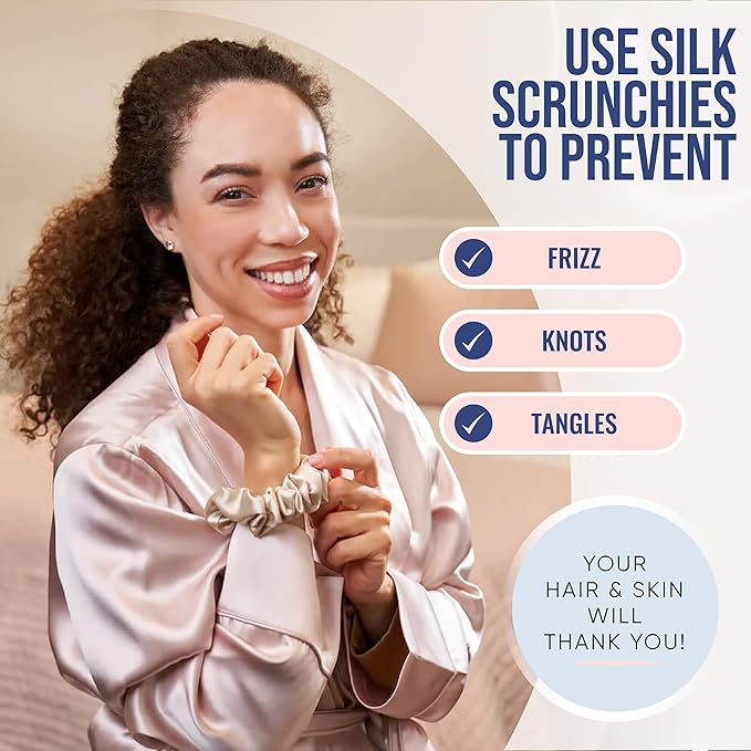 Blissy Silk Scrunchies (3 Pack) - 100% Pure Mulberry Silk - 22 Momme 6A High-Grade Fibers Scrunchie for Straight & Curly Hair - Preventing Breakage, Tangling, & Creasing (Champagne Regular)