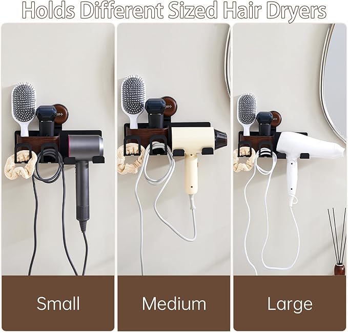 Hair Dryer Holder Wall Mount with Suction Cup, No-Drill Metal Blow Dryer Holder, Hair Accessories Tools Organizer Rack with 1 Toothbrush Hanger & Shelf, Walnut Finish for Bathroom