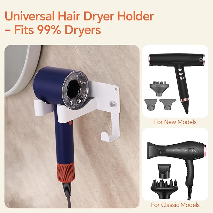 Dyson Hair Dryer Holder, Blow Dryer Holder Self Adhesive Hair Dryer Holder Wall Mounted Aluminum Hair Tool Organizer Blow Dryer Holder for Bathroom White CHOCHYAH
