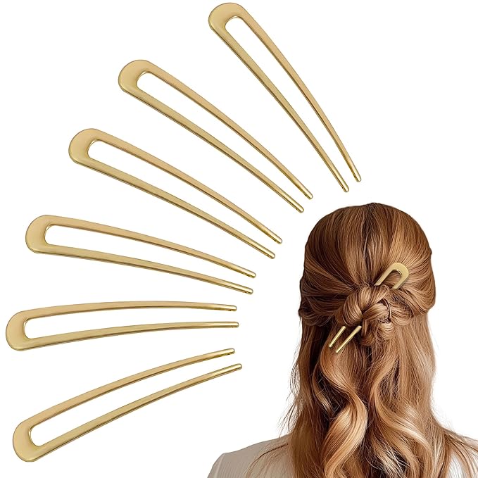 6Pcs Metal French Hair Pins for Women U Shape Sticks 3.9 Inch Vintage Fork for Hairstyle Accessories(Gold)