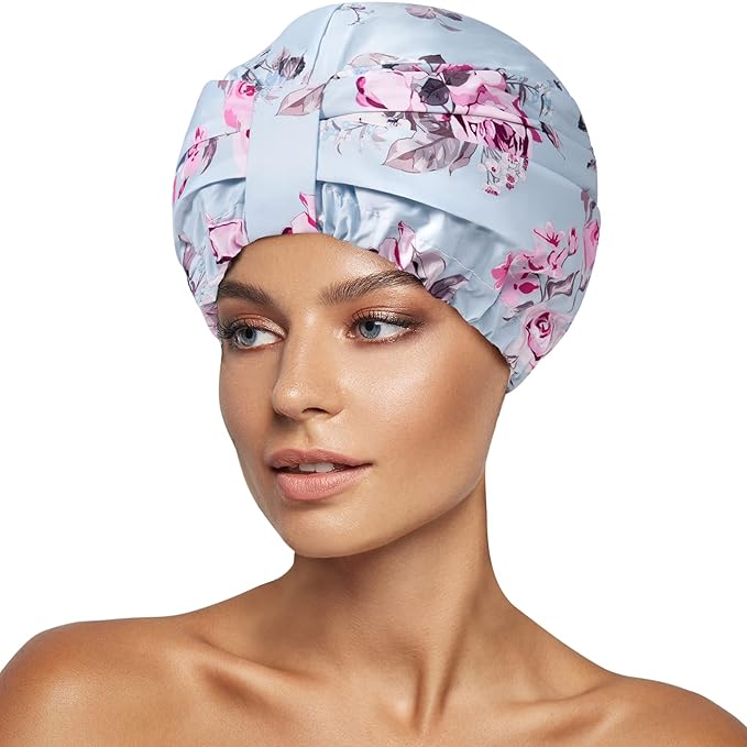 INNELO Luxury Shower Cap for Women Reusable Waterproof, Double Layered Shower Hair Cap with Adjustable Elastic Strap, Large Satin Lined Shower Bath Cap for Long Curly Straight Hair, Blue-Flower