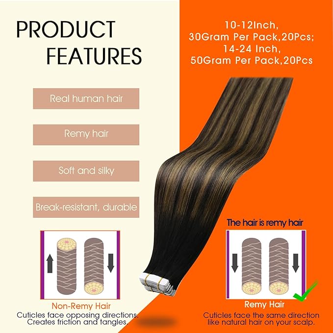 Full Shine Black Tape in Extensions Human Hair Balayage Tape in Hair Extensions Color 1B Black Ombre 6 Brown And 1B Seamless Skin Weft 18Inch Natural Extension 100G for Wedding 40Pcs