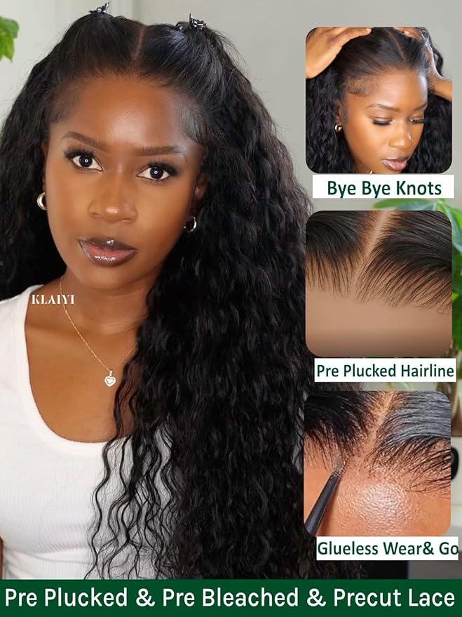 KLAIYI Water Wave Pre Cut 360 Full Lace Frontal Glueless Wig Human Hair Drawstring Pre Plucked Bleached Bye Bye Knots Pre Everything Ready to Wear And Go Curly Beginner Wig with Baby Hair 180% 22Inch