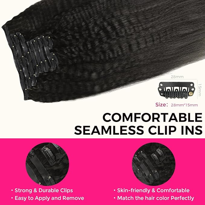Lashey Clip in Hair Extensions Real Human Hair 150g Kinky Straight 9pcs Seamless Clip in Hair Extensions, 22 Inch #1B Natural Black 100% Real Soft Human Hair for Women