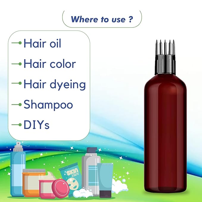 Empty Amber Color Hair Root Comb Applicator Bottle with Comb Cap for applying Hair Oil, Shampoo & Hair Dye, Refillable, Leak Proof, Reusable Multipurpose Use - 100 ml Pack of 4