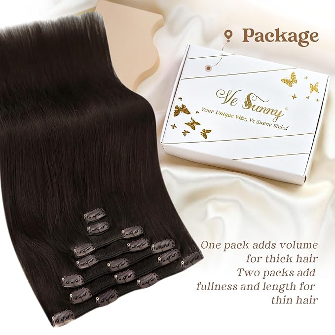 Ve Sunny Clip in Human Hair Extensions, Clip on Hair Extensions for Women, Dark Brown Clip in Hair Extensions Long Straight Hair Extensions 7pcs 120g 24inch