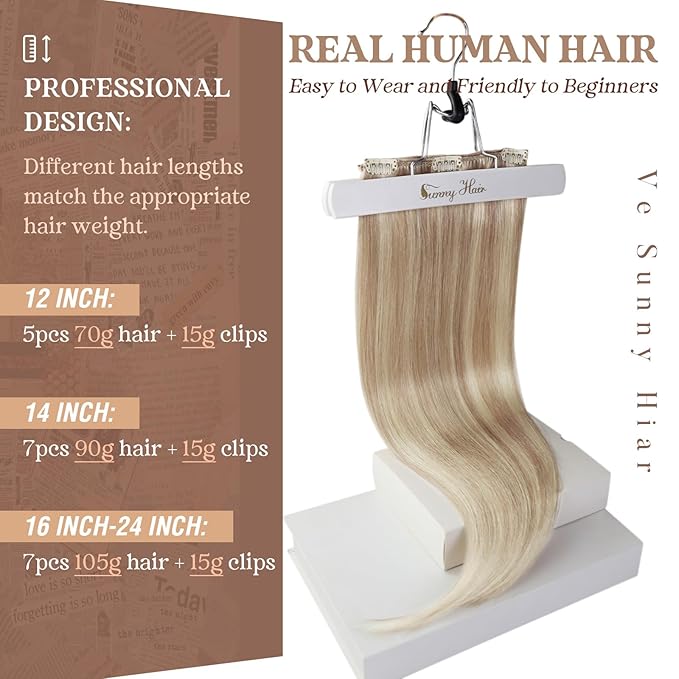 Ve Sunny Real Hair Extensions Clip in Human Hair Full Head Remy Blonde Hair Extensions Clip in Highlight Extension for Women Warm Color 7pcs 120g 18inch