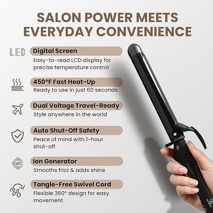 Infrared Curling Iron 1.5” Ceramic Tourmaline Long Barrel – Digital Professional Hair Curler with Ion Technology for Big Curls, Beach Waves, Thick Hair – Fast Heat, Clamp, Dual Voltage