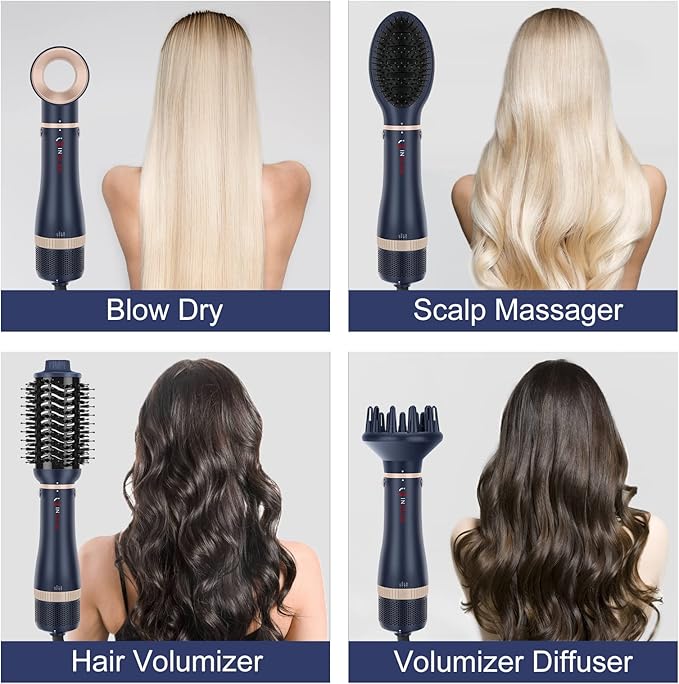 Hair Dryer Brush Set, IG INGLAM 4 in 1 Blowout Brush, Negative Ion Detachable Hair Dryer & Styler Volumizer Hot Air Hair Dryer Brush with 2 Styling Brush Heads, Prussian Blue