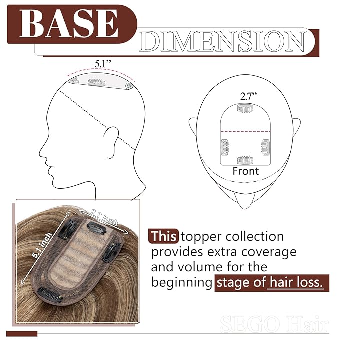 SEGO Real Human Hair Topper for Women, No Bangs Hair Topper with Anti-Slip Clips (16 Inches Medium Brown Mix Dark Blonde)