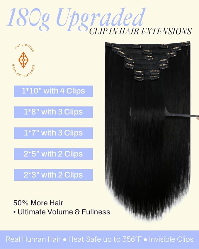 Full Shine Jet Black Clip in Hair Extensions Human Hair 180 G 20 Inch Clip in Black Hair Extensions for Professionals 7 Pcs