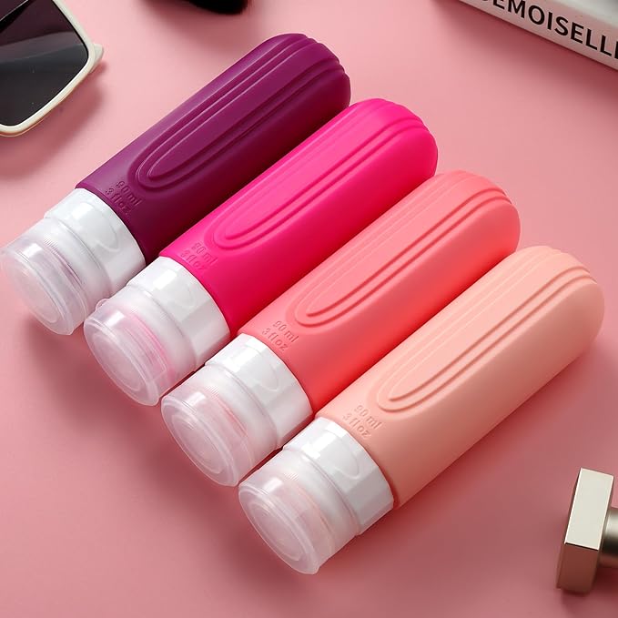 Travel Bottles for Toiletries, Tsa Approved 3oz Travel Size Containers BPA Free Leak Proof Refillable Liquid Silicone Squeezable Travel Accessories for Shampoo Conditioner Lotion (4 Pack)