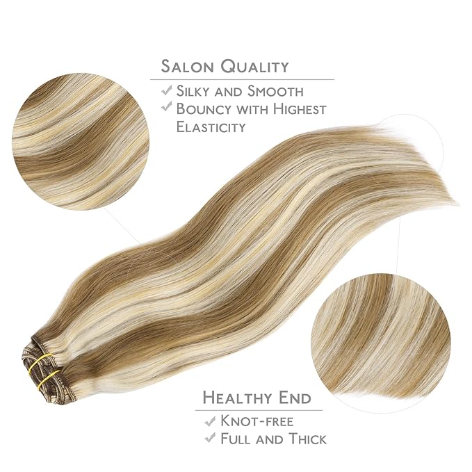 WENNALIFE Clip in Hair Extensions Real Human Hair, 20 Inch 120g 7pcs Ash Brown with Platinum Blonde Highlights Hair Extensions Clip in Human Hair RemyStraight Natural Extensiones De Cabello Humano Con