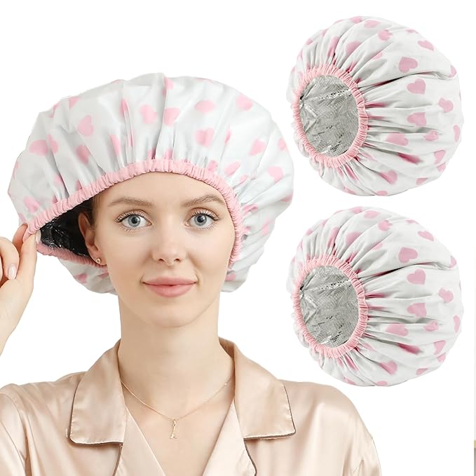 YIZIJIZI 2 Pieces Heat Cap for Deep Conditioning, Conditioning Cap Made of Aluminum Foil for Home and Salon Use, Hair Dyeing（White pink）
