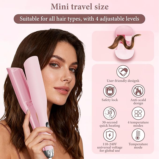 Hair Waver Hair Crimper for Women, Hair Crimper Tool Curling Iron Waver for Natural Waves and Soft Beach Hair Wave Curling Iron with 30S Fast Heating & PTC Heater 110-220V, Pink