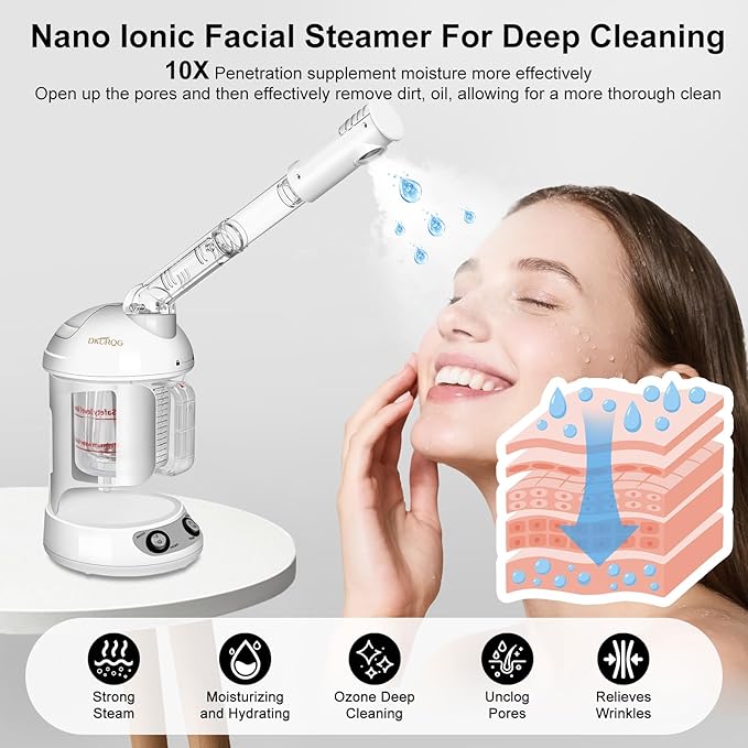 Nano Ionic Facial Steamer with Removable Water Cup, Face Steamer 360° Rotatable Sprayer Warm Mist Face Humidifier for Home and Beauty Salon, Facial Deep Cleaning (White)