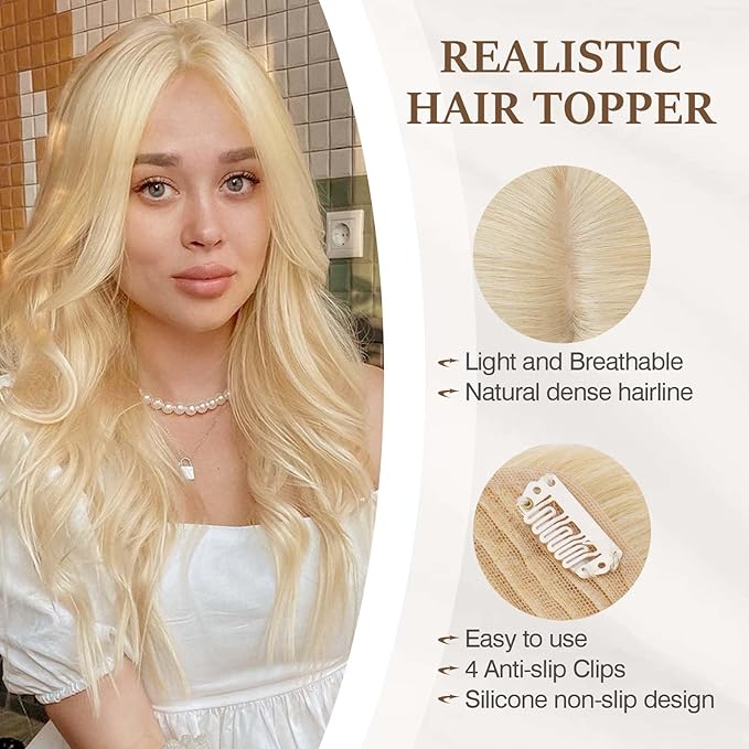 Rich Choices Hair Toppers for Women Real Human Hair 100% Human Remy Toppers NO Bangs for Women with Thinning on Top Clip in Hairpiece 4"x4.7"Lace Base 16 Inch #613 Bleach Blonde