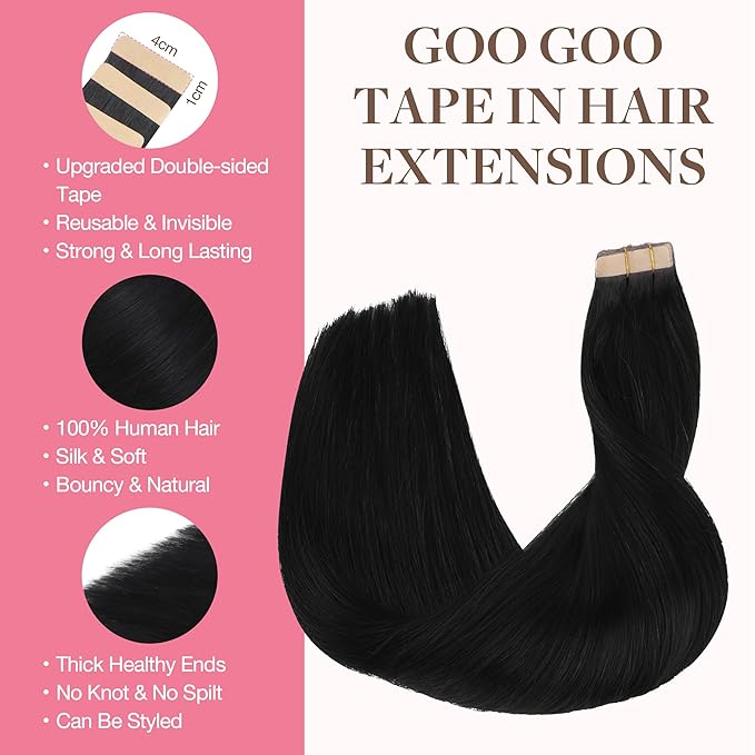 GOO GOO Tape in Hair Extensions Human Hair, 1 Jet black, 14inch 100g 40pcs, Skin Weft Seamless Invisible, Silky Straight with Thick Ends, Remy Human Hair