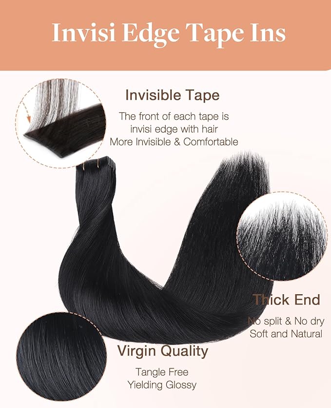 GOO GOO Invisi Edge Tape in Hair Extensions Human Hair, 1 Jet black 20pcs injected with 20pcs classical tape ins, 24inch 100g, Virgin Remy Hair, Natural Look