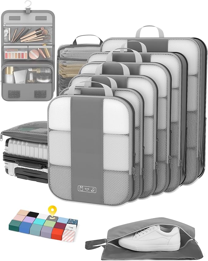 10 Set Compression Packing Cubes for Travel Essentials,Compressible Expandable Packing Cubes for Suitcase,OlarHike Luggage Organizer Bags for Travel,Handy Helper for Organizing Clothes(Gray)