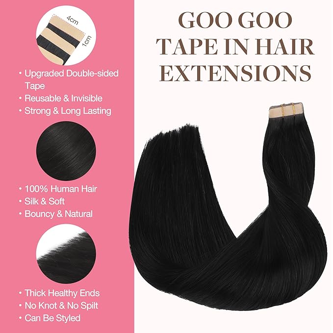 GOO GOO Tape in Hair Extensions Human Hair, 1 Jet black, 22inch 30g 10pcs, Skin Weft Seamless Invisible, Silky Straight with Thick Ends, Remy Human Hair