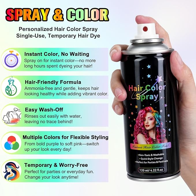 Temporary Hair Color Spray - Instant Washable Hair Dye for Kids & Adults, Non-Toxic & Non-Sticky Formula for Halloween, Cosplay, Parties & Festivals - Lasts All Day, Easy Wash Out - 4.22 fl oz (Green)
