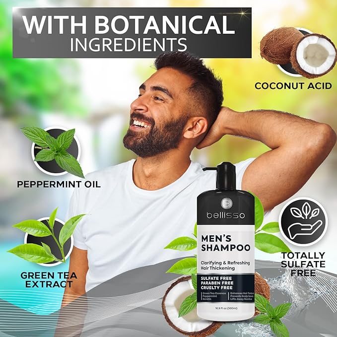 Shampoo for Men - Tea Tree Oil and Peppermint - Sulfate Free, Paraben Free - Clarifying, Refreshing, Volumizing & Moisturizing Hair Thickening Formula - Ideal for Oily Hair, Dry Scalps and Build Up