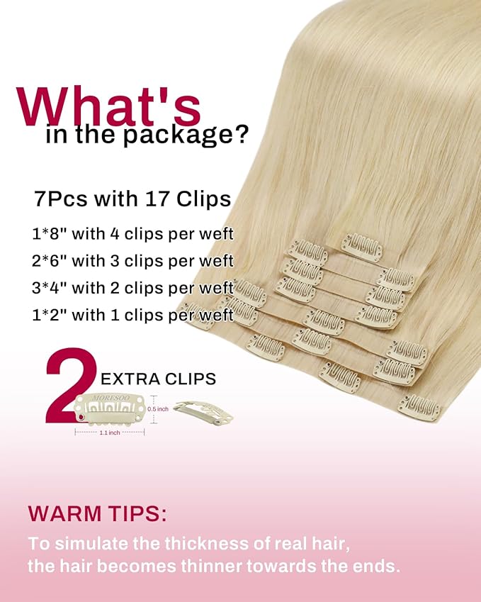 Moresoo Golden Platinum Blonde Clip in Hair Extensions Real Human Hair Seamless Pu Weft Real Hair Extensions Clip in Remy Human Hair Blonde for Women Short Invisible 120g/7pcs 14 inch