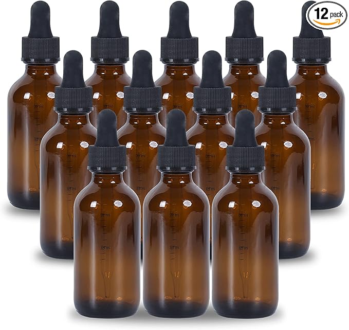 1 oz Dropper Bottle 12 Pack Amber Glass Boston Bottles 30ml with Eye Droppers Black Caps for Essential Oils, Perfume, Leak Proof Travel Bottles for Liquids