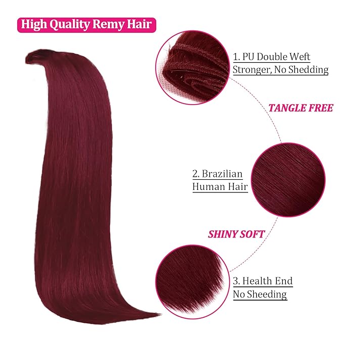 Clip in Hair Extensions Real Human Hair, 99J Burgundy 16inch 110g Long Straight Silky Hair Extensions Real Human Hair 8pcs Double Weft Handmade Per Set with 18clips Clip on Extensions