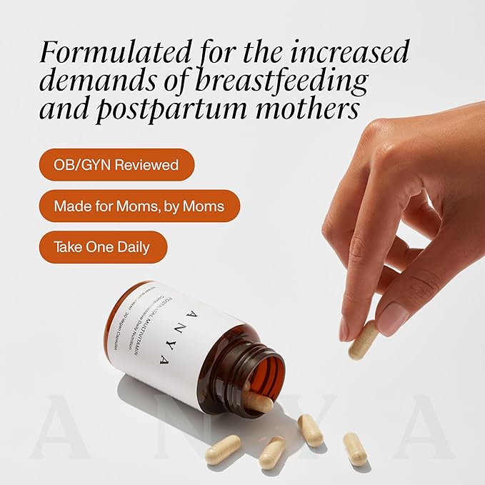 ANYA Postpartum Multivitamin, Postnatal Vitamin for Women Breastfeeding, 30 Capsules - Vitamins A, C, D3, Zinc, B12, Biotin, Folate and Iron - 100% Vegan, Non-GMO, Gluten Free, Baby Shower Gifts