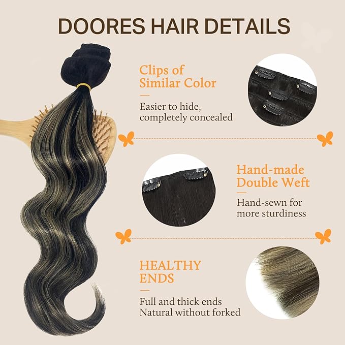 DOORES Human Hair Clip in Extensions, Balayage Natural Black to Light Blonde 12 Inch 80g 7pcs, Clip in Hair Extensions Remy Hair Extensions Straight