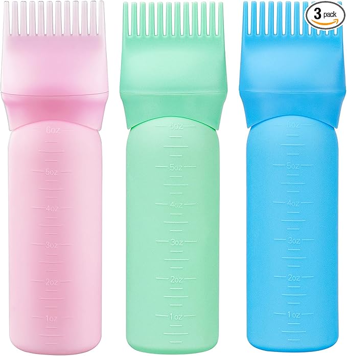 Cosywell 3 Pack Root Comb Applicator Bottle 6 Ounce Hair Oil Bottle Hair Dye Applicator Brush for Hair Root Comb Color with Graduated Scale(Pink Blue Green)