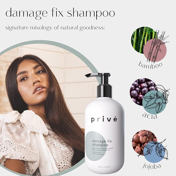 Privé Damage Fix Hair Shampoo for Women & Men - Sulfate-Free Repair Shampoo for Damaged Hair - Strengthening & Moisturizing Formula for Dry, Dull & Over-Processed Strands (12 oz)