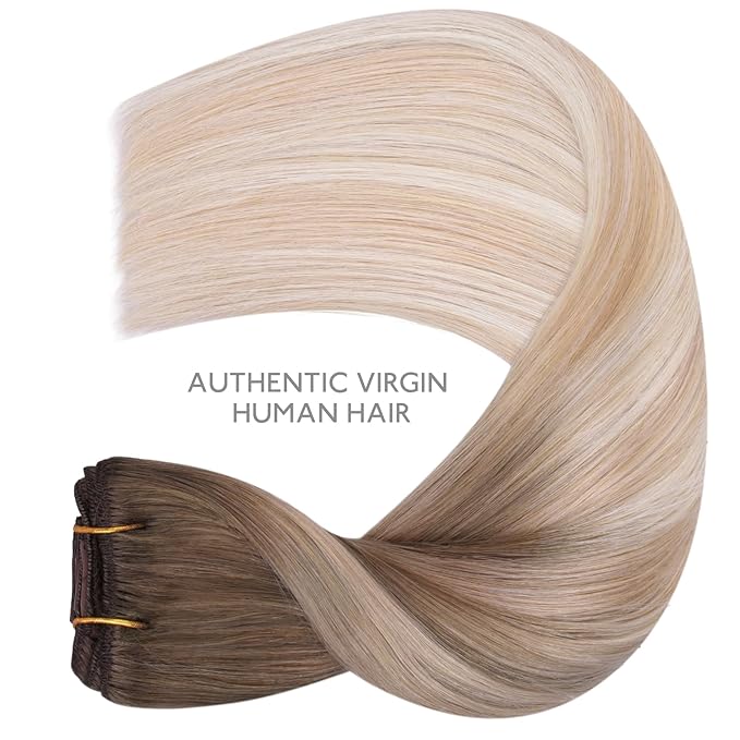 WENNALIFE Clip in Hair Extensions Real Human Hair, 14 Inch 120g 7pcs Balayage Sandy Brown to Platinum Blonde Remy Hair Natural Double Weft