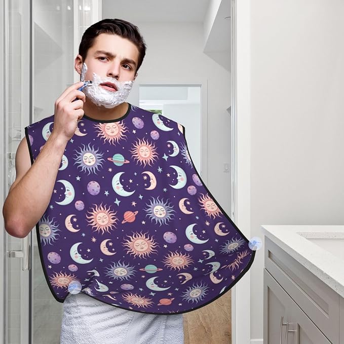 Beard Bib with 3 Suction Cups, Non-Stick Waterproof Hair Catcher Apron, Men's Shaving Essential for Grooming, Purple Galaxy Night Star Sky Trippy Sun and Moon Shave Bib