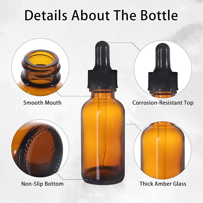 48 Pack 1oz Amber Glass Bottles with Glass Eye Droppers for Essential Oils, Perfumes & Lab Chemicals (Brush, Funnels, 2 Extra Droppers, 54 Pieces Labels & 30ml Measuring Cup Included)