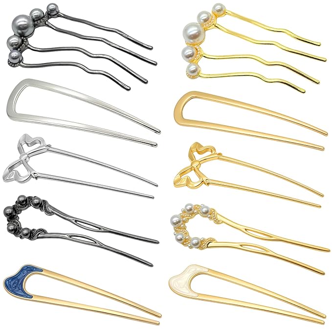 10 PCS French Hair Pins for Women, Lightweight French Twist Hair Pins U-Shaped Pearl French Pins, Bun and Updo Hair Styling Pins Metal Hair Fork Hair Accessories