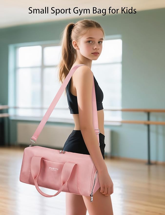 Compact Sports Gym Bag for Women Girls, Cute Mini Duffle Bag with Wet Pocket & Shoes Compartment, Personal Item Travel Workout Bag, 16"-Small, Pink