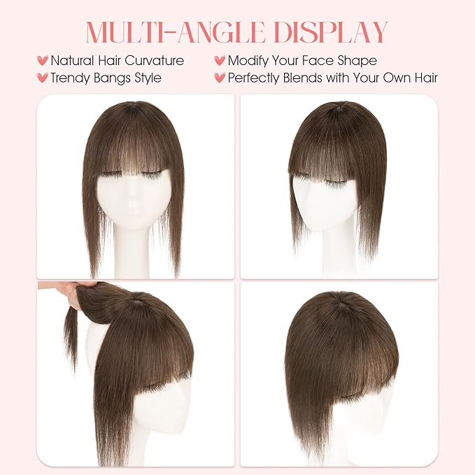 Hairro Mono Hair Toppers with Bangs, 3.4" x 3.4" Mono Base 100% Real Human Hairpieces for Women, 150% Density Clips In Topper for Greyish Thinning Hair, 20 Inch Cocoa Brown
