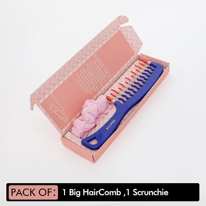 Big Hair Tools Extra Large Wide Tooth Comb for Thick, Curly, Wavy or Long Hair - Frizz-Free Detangling Shower Comb - Big Hair Comb and Microfiber Scrunchie