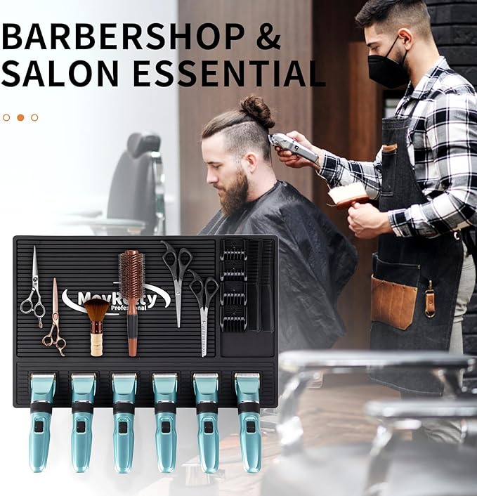 MoyRetty Magnetic Barber Mat for Clippers, (18.9" x 12.6") 6 Strong Magnetic Organizer Stations for Heavy Clippers and Trimmers, Professional Barbers Anti-Skid Rubber Mat(Black)