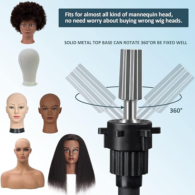 Klvied Wig Stand Tripod Upgraded, Mannequin Head Stand Double Locking, Reinforced Metal Wig Head Stand with Tool Tray, Black (53.5 Inches)