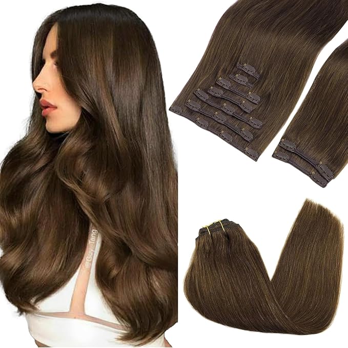 GOO GOO Clip in Hair Extensions Real Human Hair, Remy Human Hair Extensions Clip ins for Women, Natural Human Hair, 22inch 150g 9Pcs, 4A Chocolate Brown