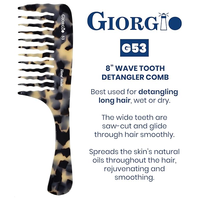 Giorgio G53 Wide Tooth Comb for Curly Hair Detangler, Wide Tooth Combs for Women with Thick Hair, Large Tooth Comb For Wet Hair and Dry, Handmade Rake Comb Detangler Saw-Cut and Hand Polished (8")