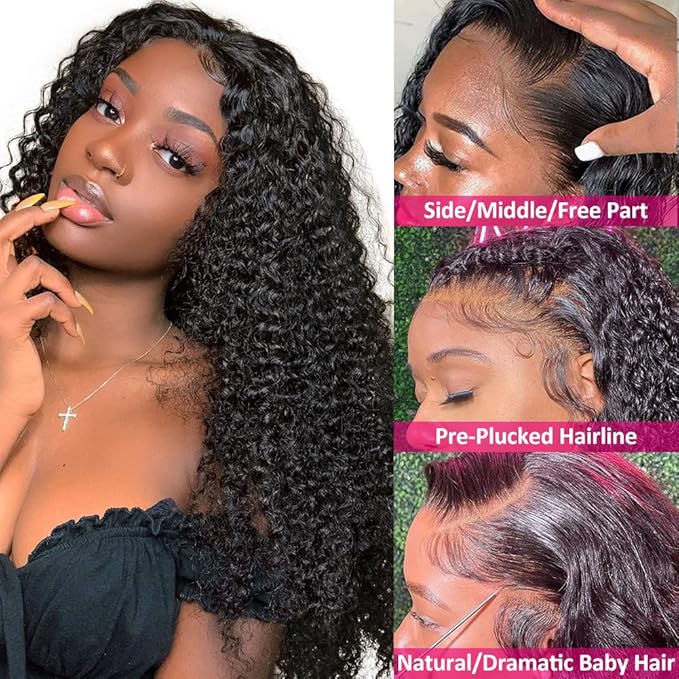 CYNOSURE 13x4 Lace Front Wigs Human Hair Pre Plucked 180% Density Brazilian Kinky Curly Frontal Wig with Baby 9A Natural Black for Women(16, Wigs)