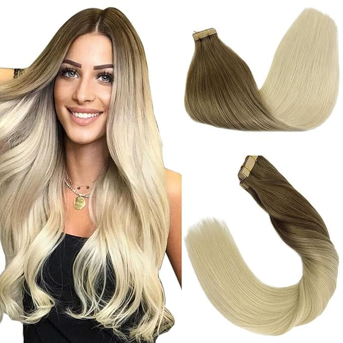 GOO GOO Tape in Hair Extensions Human Hair, 9/60 Balayage Ash Brown to Platinum Blonde, 24inch 50g 20pcs, Skin Weft Seamless Invisible, Silky Straight with Thick Ends, Remy Human Hair